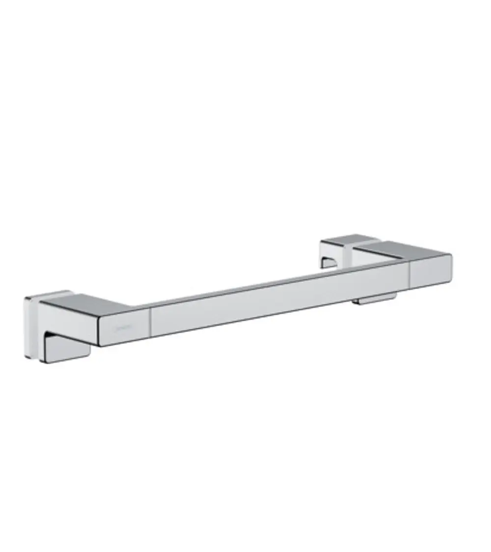 Chromfarbener Duschtürgriff von Hansgrohe mit rechteckigem Design, montiert an zwei quadratischen Halterungen.